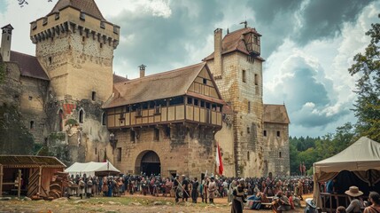 Historical reenactment at a medieval castle with tourists watching