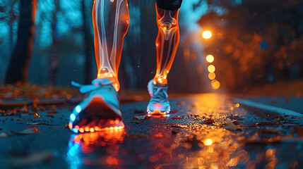 Marathon runner in a vibrant conceptual piece performing dynamic leg stretches with glowing xray depicting prevention and recovery from shin splints