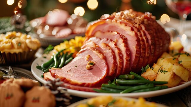 Festive holiday dinner with ham  sides  and desserts.