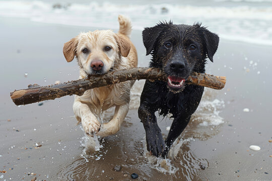 A photo of two dogs, one light-colored Labrador and the other black labrador running on beach with sticks in their mouths, very happy, wet fur, beach background.