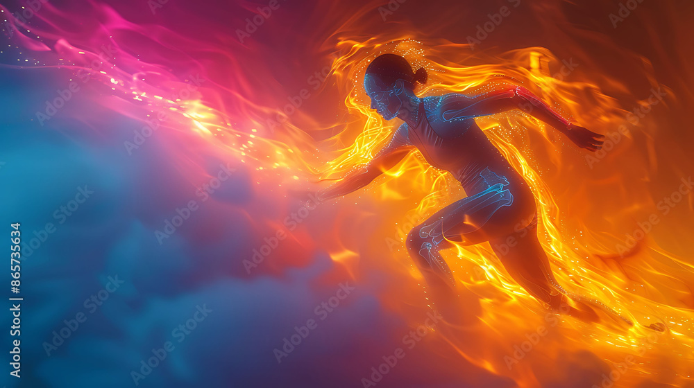 Poster pole vaulter in an abstract scene performing dynamic back stretches with glowing xray vibrant colors