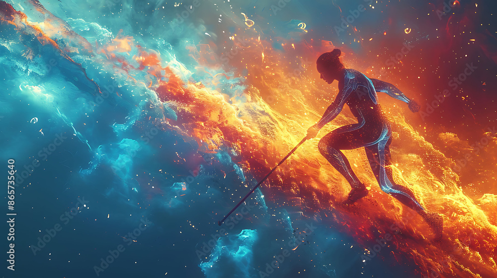 Poster pole vaulter in an abstract scene performing dynamic back stretches with glowing xray vibrant colors