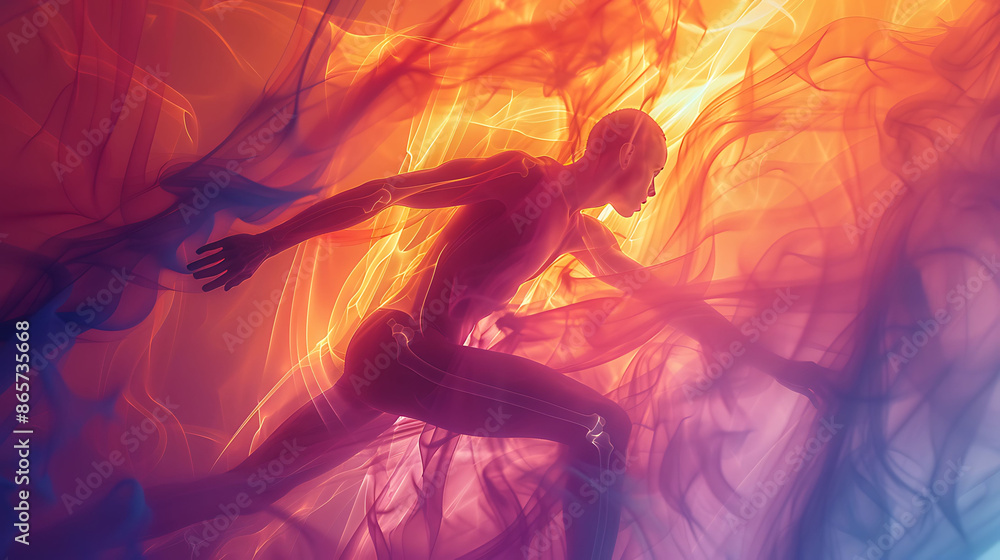 Poster pole vaulter in an abstract scene performing dynamic back stretches with glowing xray vibrant colors