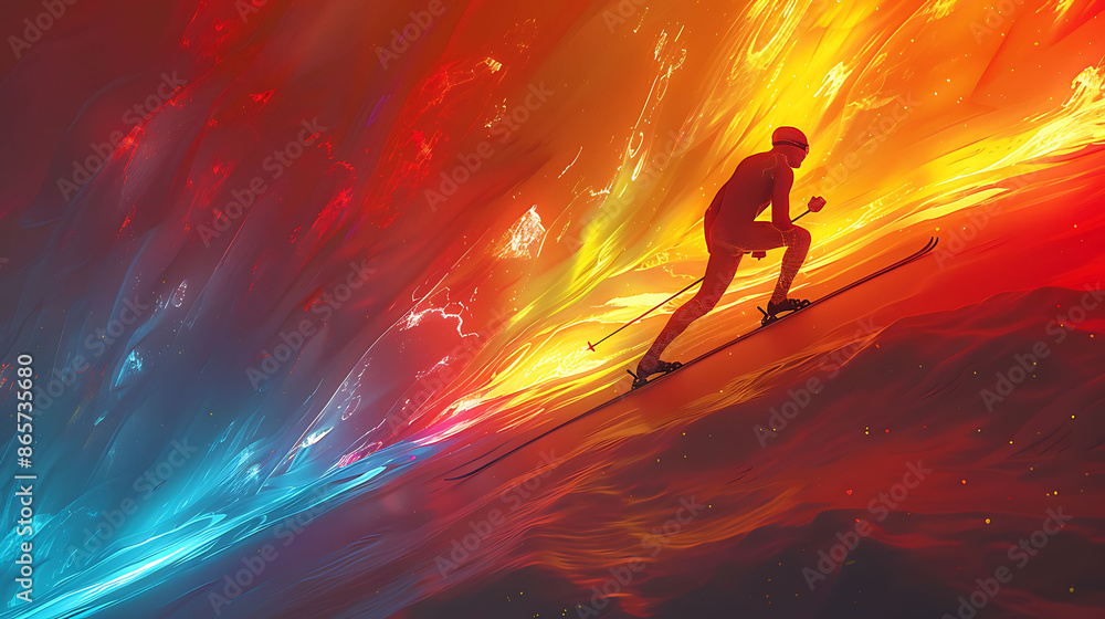 Poster pole vaulter in an abstract scene performing dynamic back stretches with glowing xray vibrant colors
