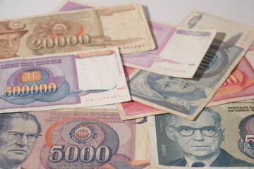 old historical yugoslavia era banknotes on white background