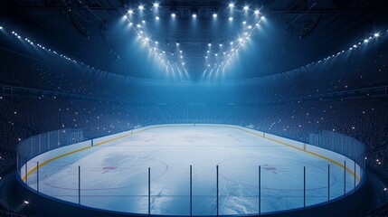 Empty Hockey Rink Under Bright Lights in Large Arena