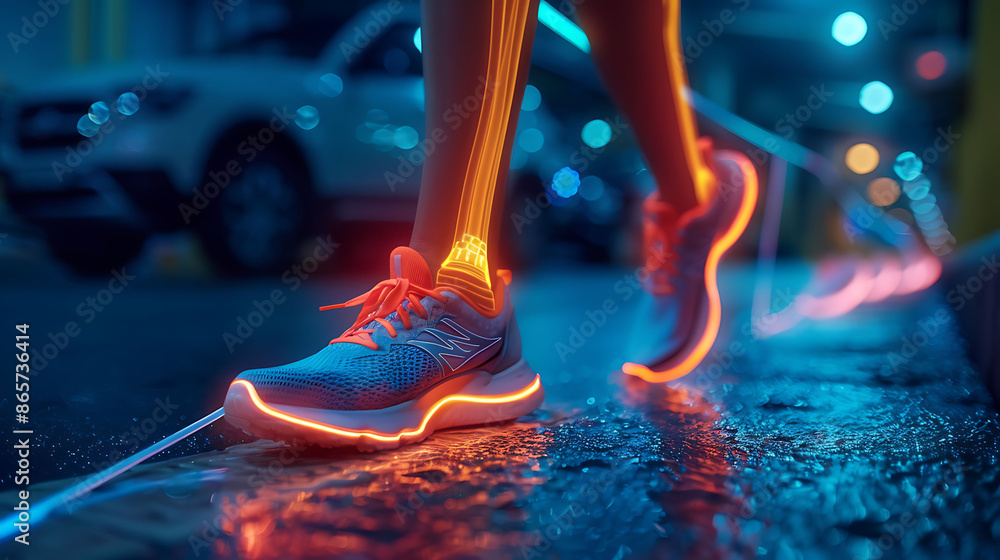 Poster runner recovering from shin splints using resistance bands with glowing xray shins supervised by a p
