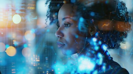 Young Black businesswoman uses laptop with futuristic AI interface.