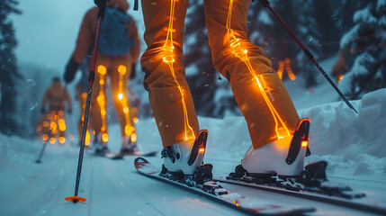 Skier doing dynamic leg stretches with glowing xray knees supervised by a physical therapist to prevent ACL injuries