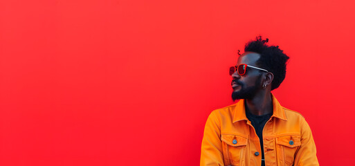 Man Wearing Orange Jacket and Red Sunglasses Standing in Front of a Red Wall. Generative AI