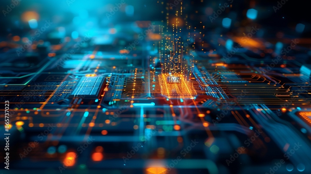 Poster abstract rendering of a circuit board with glowing lines