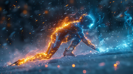 Obraz premium Speed skater in a detailed depiction performing dynamic leg stretches with glowing xray ensuring authenticity in preventing hamstring strains