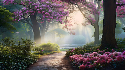 Morning Mist and Colorful Splendor: A Dreamy Vision of an Azalea Garden in Full Bloom