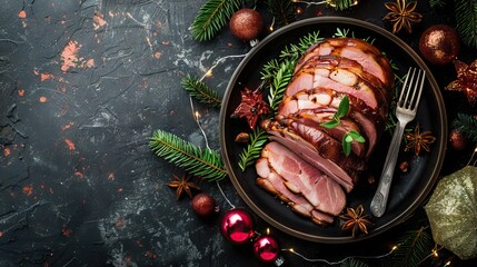 Top view of sliced Christmas ham with festive decoration on plate