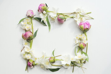 Frame, pattern of pink peony and white jasmine flowers on a white background. Top view, space for text, copy, postcard