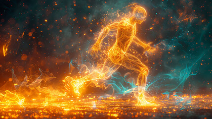 Volleyball player in a vibrant conceptual art piece using balance exercises with glowing xray ankles depicting recovery from sprains