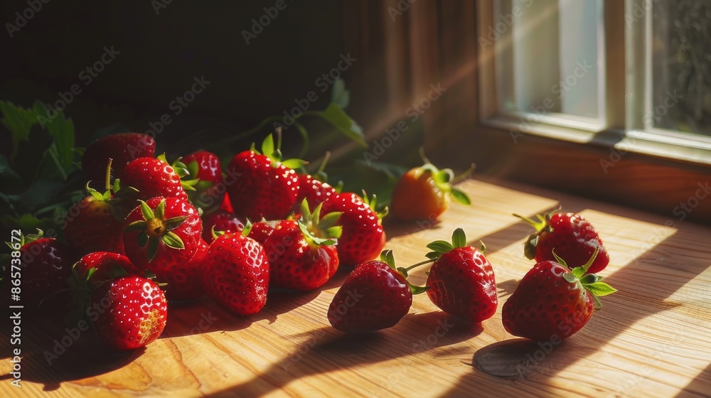 Poster strawberries on wooden surface in sunlight through window casting light and shadows