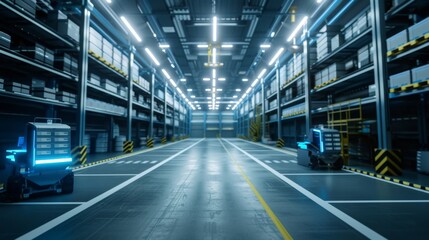Obraz premium Futuristic Automated Warehouse with Robotics - Generative AI