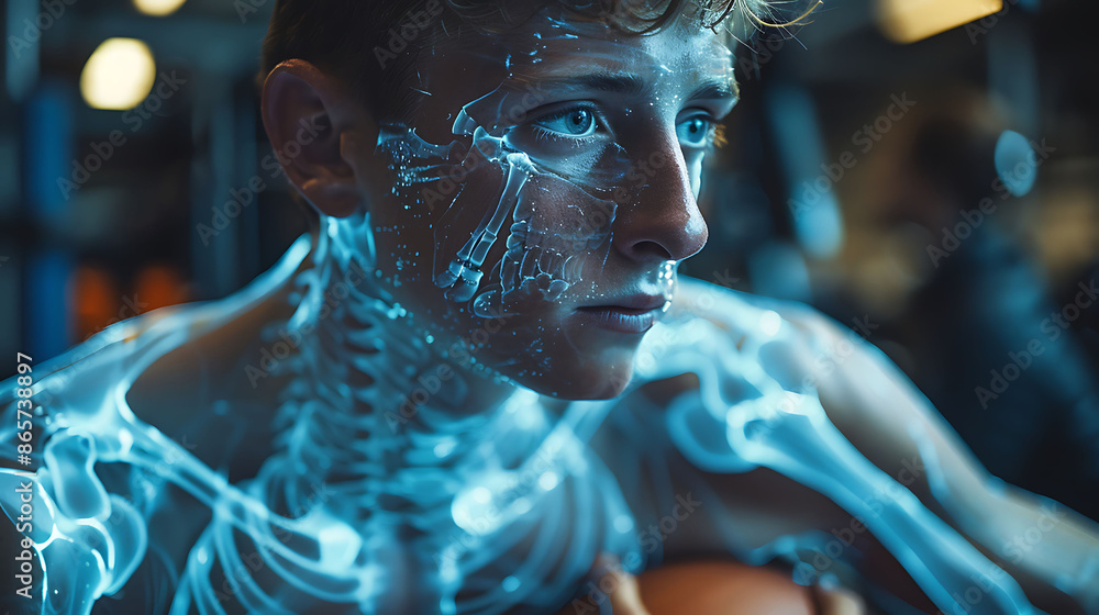 Poster wrestler in a realistic depiction using resistance bands with glowing xray shoulders ensuring authen