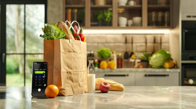 Fresh Grocery Bag with Smart Phone on Kitchen Counter - Generative AI