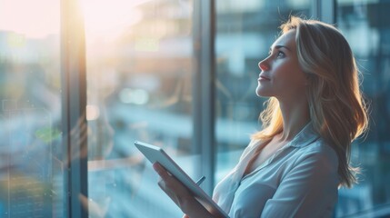 Fototapeta premium Young businesswoman daydreaming with digital tablet in office.
