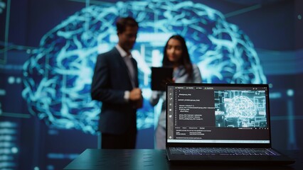 Focus on laptop in workspace used by AI researchers working with artificial intelligence in blurry...