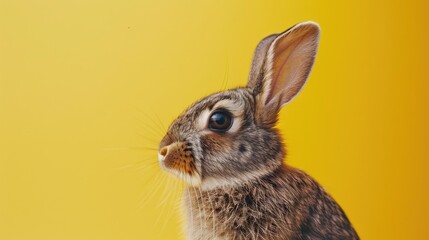 Obraz premium Adorable bunny viewed sideways against yellow backdrop