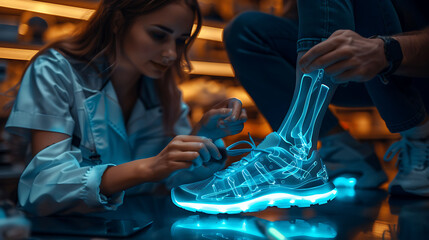 Athletic trainer guiding a runner through calf stretches with glowing xray foot preventing plantar fasciitis