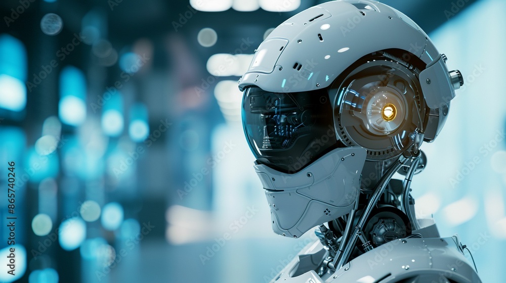 Poster a close up view of a white robot head with a glowing eye in a modern factory setting