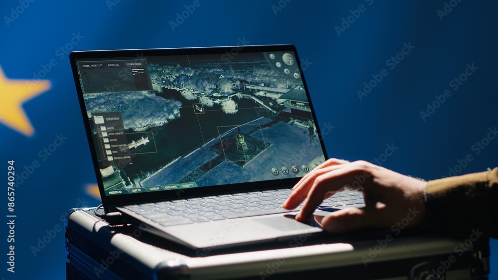 Poster european union using radar system on laptop to detect incoming ballistic missiles attacking member s