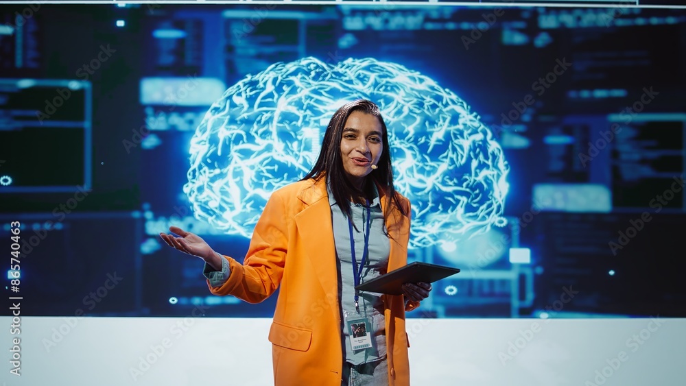 Poster happy speaker doing presentation at tech conference, explore ways emerging ai technologies can posit