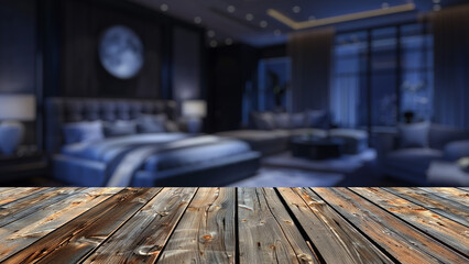 Empty wood table top with blur background of bedroom interior. The table giving copy space for placing advertising product on the table along with beautiful background.