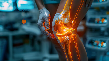 Orthopedic nurse using an ultrasound machine on a basketball player's glowing knee to assess a meniscus tear