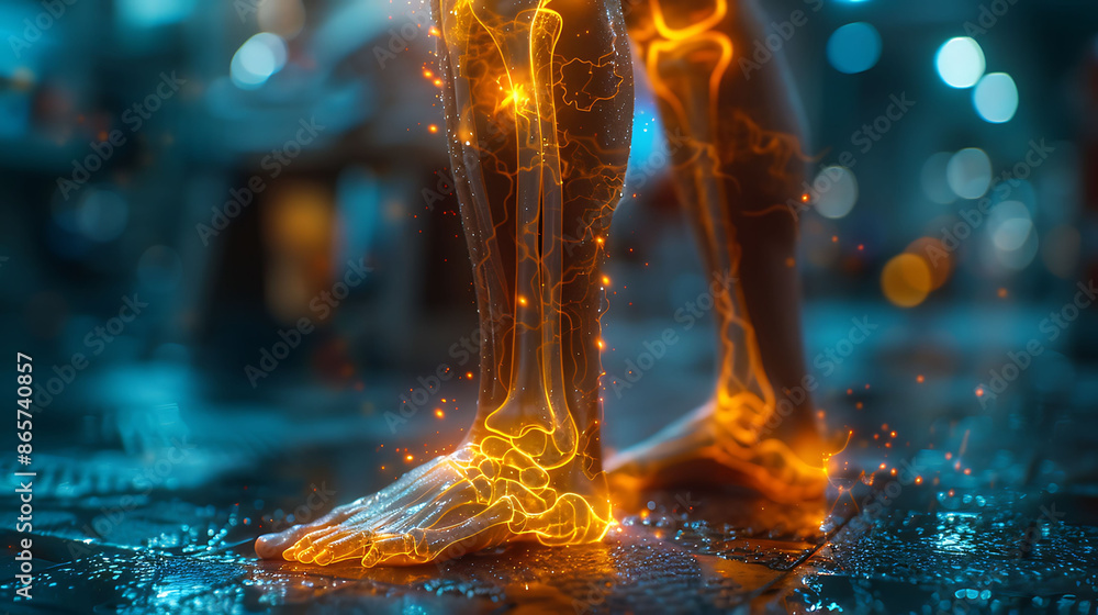 Poster focus the radiance of a torn acl with a visible glowing xray emphasizing the severity of the injury 