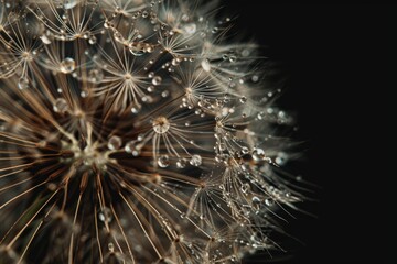 Close-up of a dandelion with water droplets, dark background