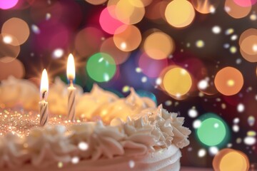 A close-up of a sparkling birthday candle on a beautifully frosted cake, with a blurred background of colorful lights.