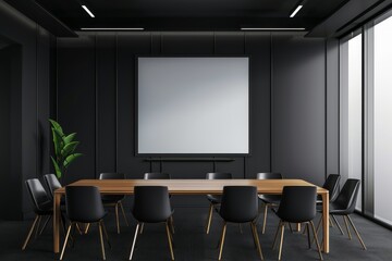 Fototapeta premium Modern conference room with a large screen and black chairs.