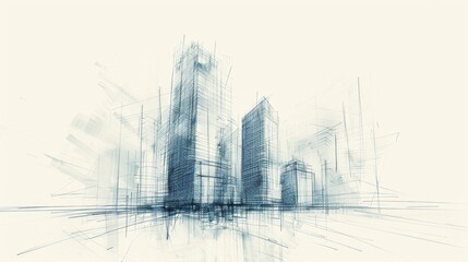 A detailed sketch of a modern skyscraper in a bustling city, showcasing the intricate architectural design and glass reflections.