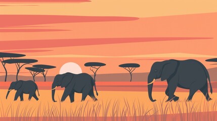 Obraz premium A serene illustration of a family of elephants walking through the African savannah at sunset, with tall grass swaying and acacia trees in the background.