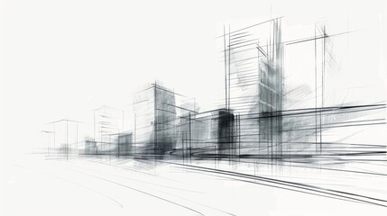 A detailed sketch of a modern skyscraper in a bustling city, showcasing the intricate architectural design and glass reflections.