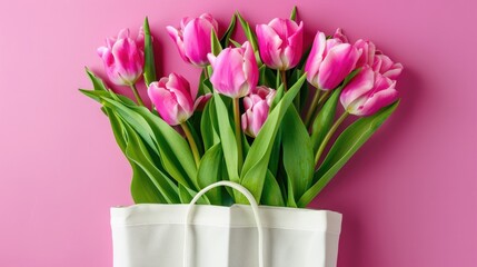 Fototapeta premium Pink tulip flowers in white bag on pink background top view with space for text Wedding card invite banner mockup