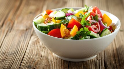 Fresh vegetable salad in a white bowl with shallow depth of field