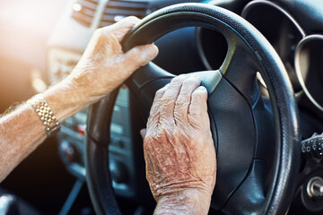 Dashboard, senior man and hand on horn in vehicle for travel, retirement and transport in street....