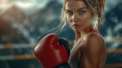 Beautiful strong and muscular female boxer muay thai fighter practices punches on boxing bag, showcasing her formidable physical prowess and dedication to martial arts training 