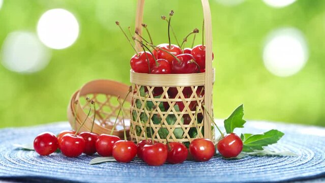 Red Cherry fruit in bamboo basket on on green bokeh background, Japanese Red highest variety of cherries on wooden table in the garden.
