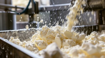 Ice cream being churned in a stainless steel machine at a dairy