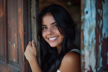 Naklejka premium happy hispanic woman with long smiling black hair leaning on a wooden side view door