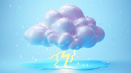 A radiant and luminous cloud gently rains, with vivid lightning bolts emerging from underneath, creating a balance between calmness and natural electrical energy.
