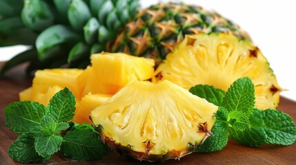 A vibrant and fresh pineapple displayed with mint leaves on a wooden surface, showcasing the juicy and appetizing nature of the tropical fruit.