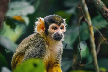 Obraz premium Look at Squirrel monkey in ecuadorian jungle in amazon